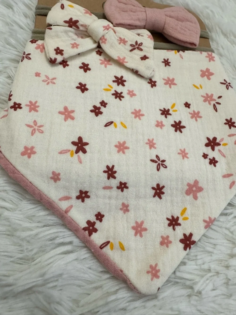 Baby Floral Pink Bandana Bib with Bow Headbands set of 3